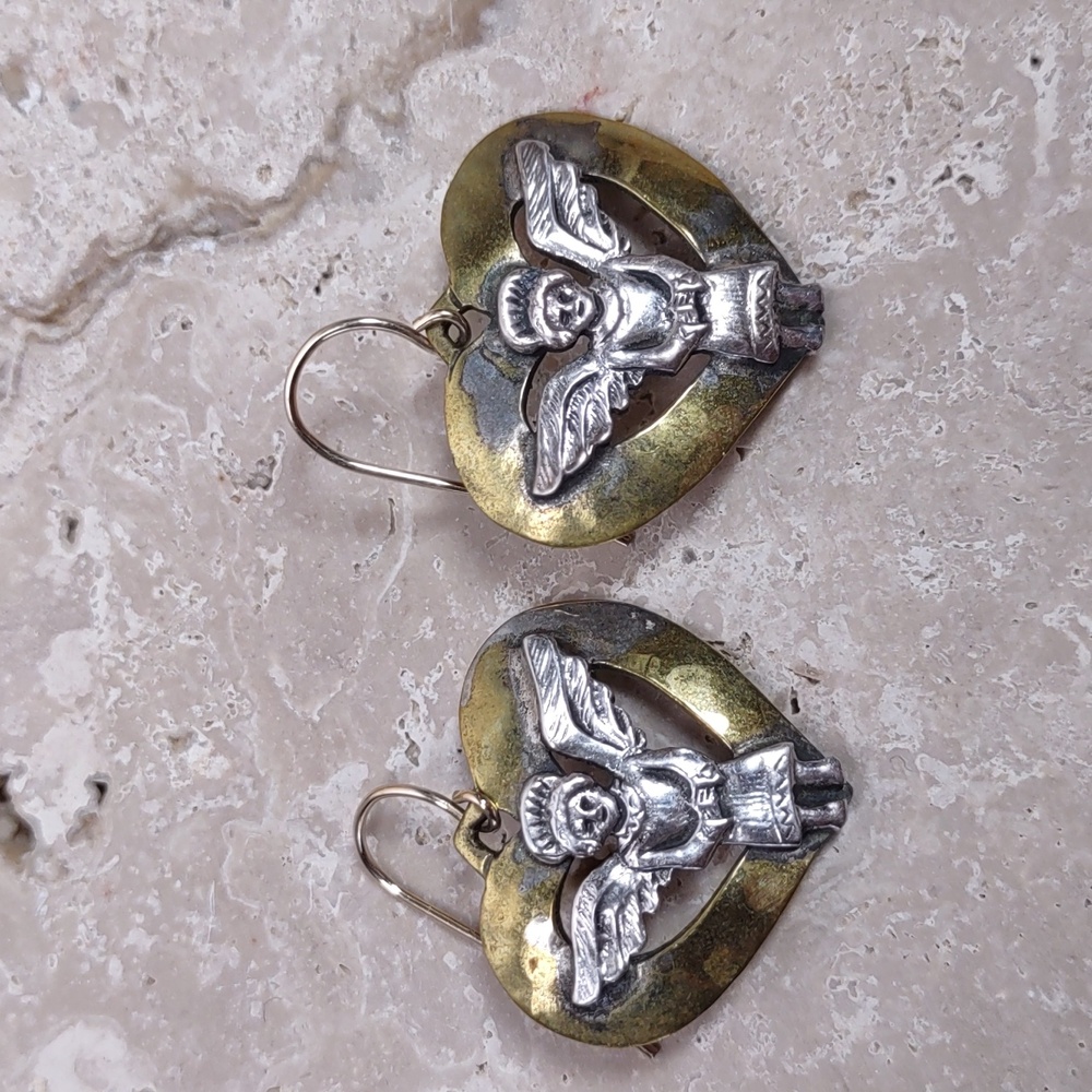 Vintage Jeep Collins Angel Heart Sterling Silver/Brass Earrings